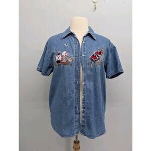 Vintage 90s Denim Embroidered Fishing Lake Shirt Canoe Cottagecore Button Front